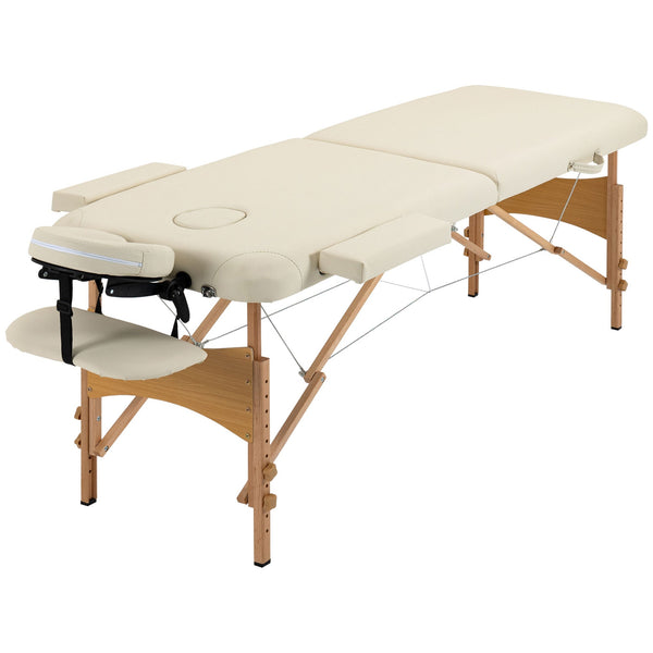 Portable Massage Bed, Folding Spa Beauty Massage Table with 2 Sections, Carry Bag and Wooden Frame, Cream-0
