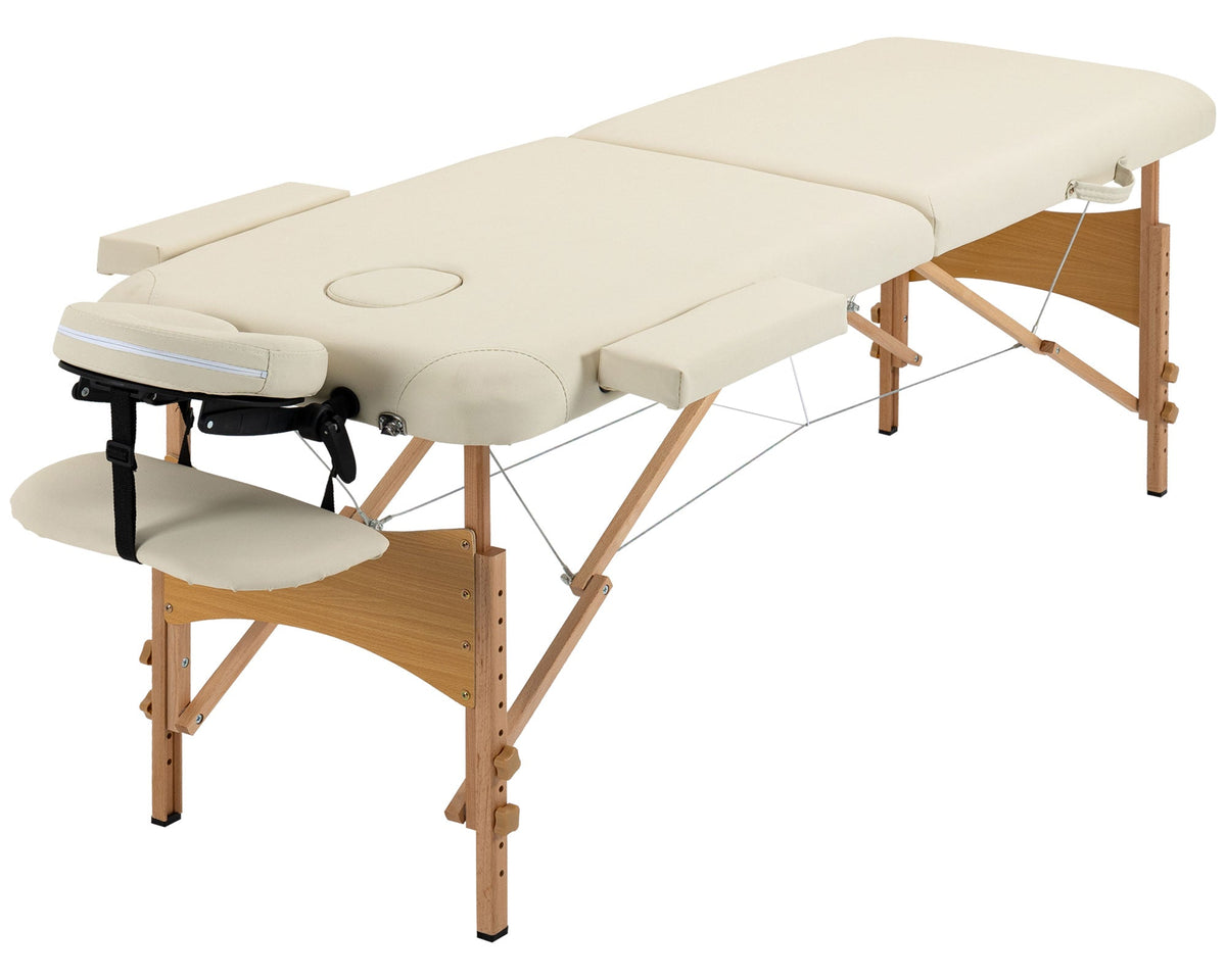 Portable Massage Bed, Folding Spa Beauty Massage Table with 2 Sections, Carry Bag and Wooden Frame, Cream-0