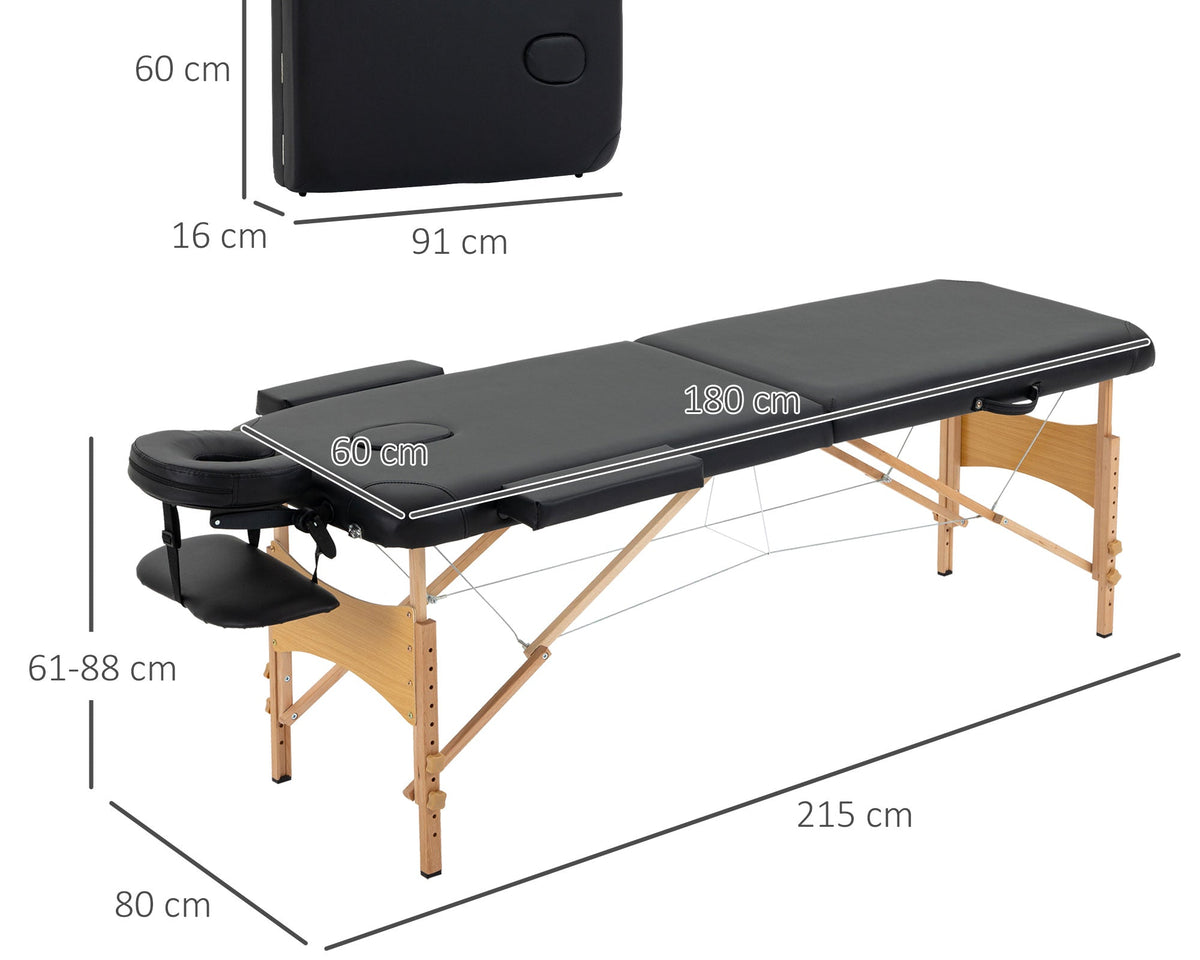 Portable Massage Bed, Folding Spa Beauty Massage Table with 2 Sections, Carry Bag and Wooden Frame, Black-2