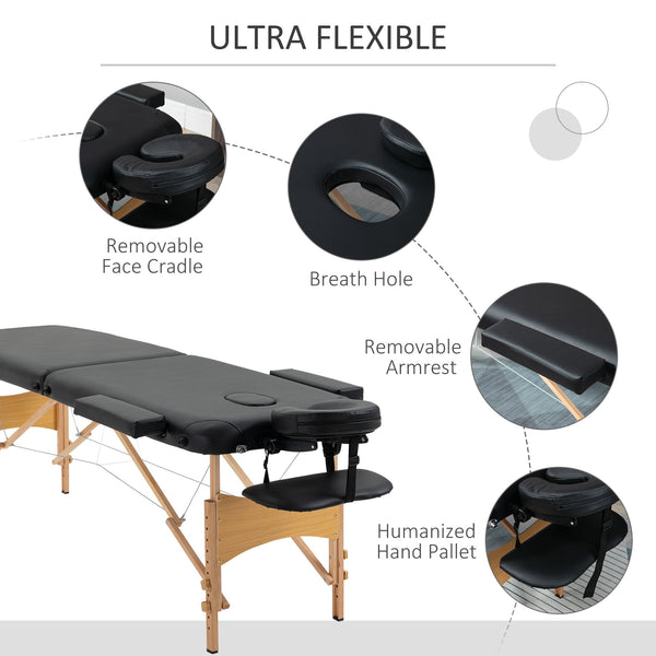 Portable Massage Bed, Folding Spa Beauty Massage Table with 2 Sections, Carry Bag and Wooden Frame, Black-4
