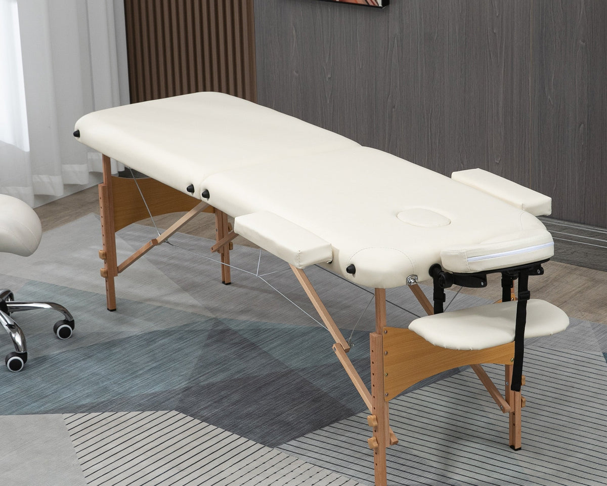 Portable Massage Bed, Folding Spa Beauty Massage Table with 2 Sections, Carry Bag and Wooden Frame, Cream-1