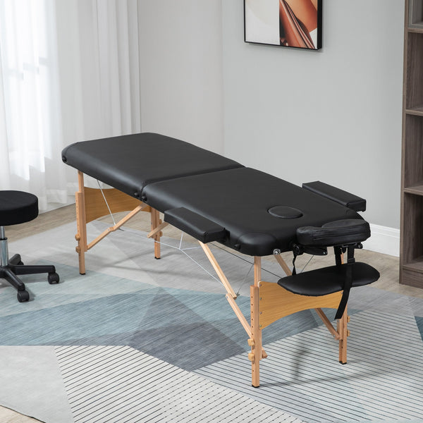 Portable Massage Bed, Folding Spa Beauty Massage Table with 2 Sections, Carry Bag and Wooden Frame, Black-1